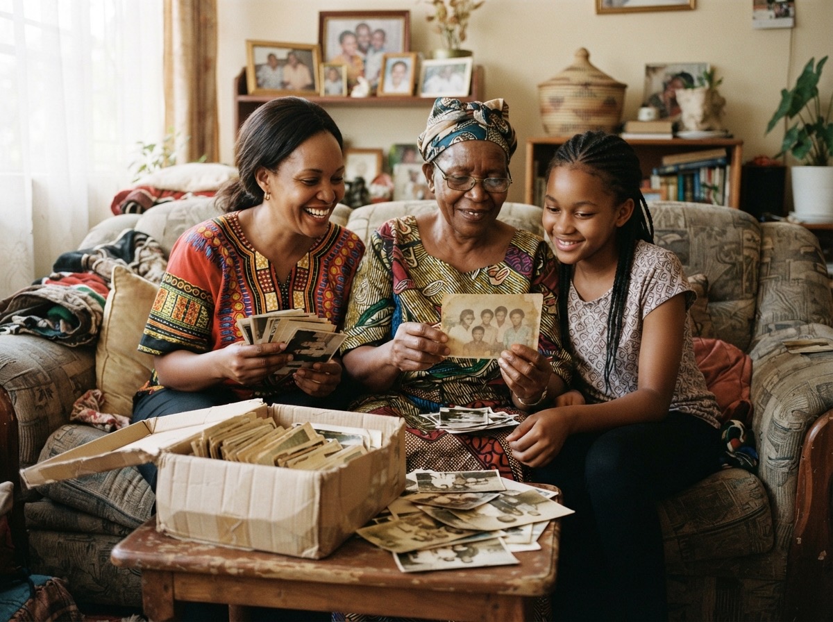 A mother, grandmother and daughter on a sofa, looking through a box of old family photographs