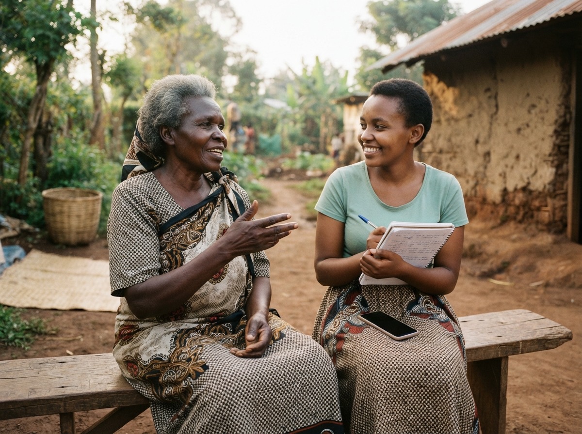 An elderly Kenyan grandmother sitting on a wooden bench outside her home, talking warmly with her smiling granddaughter, who holds a notebook and pen with a phone beside her