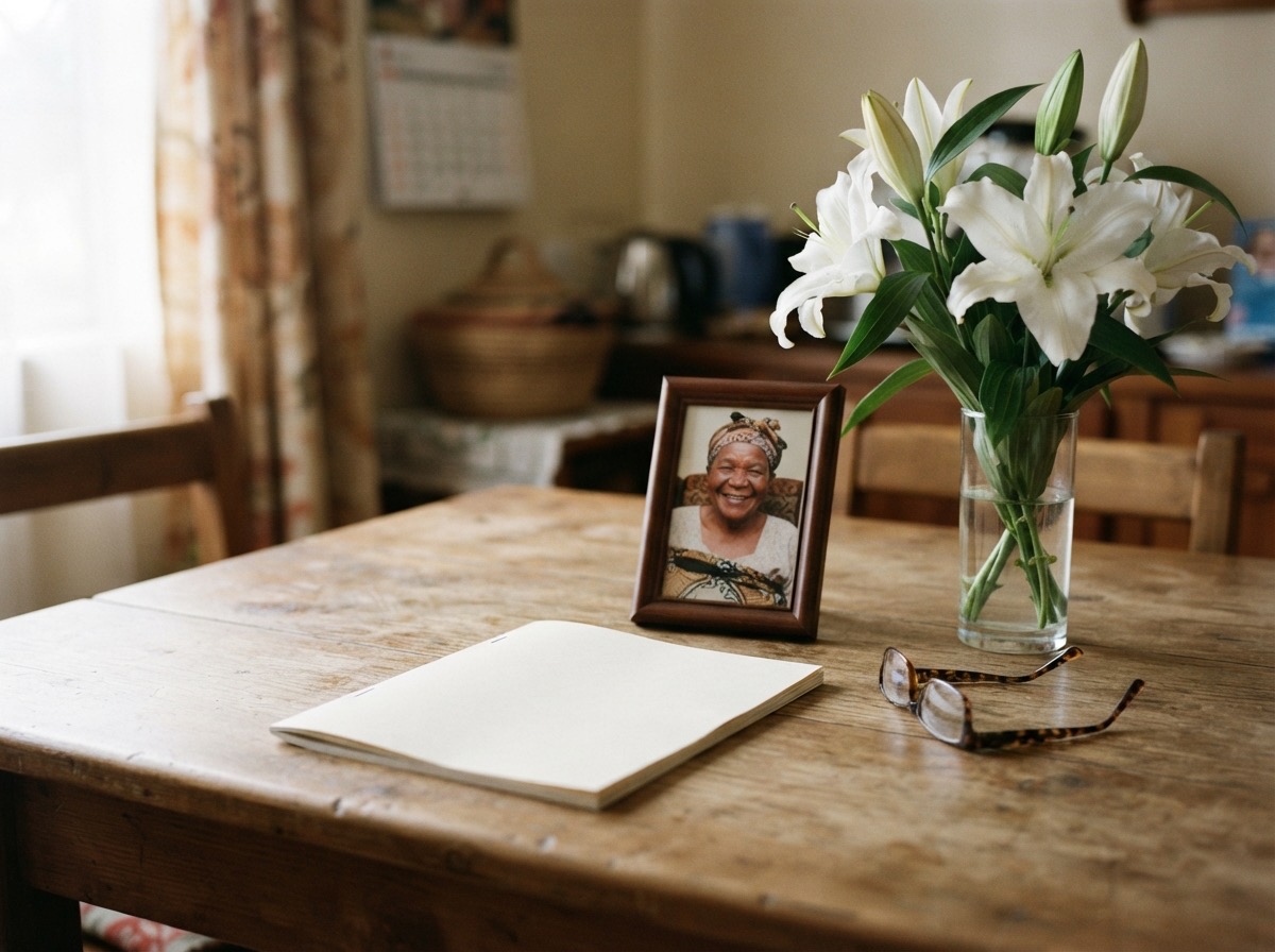 A funeral programme on a wooden table beside a framed photograph of a smiling grandmother and white lilies