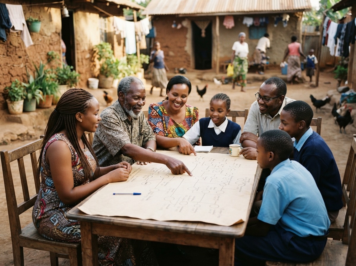 A grandfather, his grown children and school-age grandchildren around a wooden table in a home compound, pointing at a large hand-drawn family tree on paper