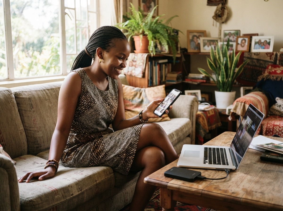 A smiling young woman on a sofa looking through photographs on her phone, with a laptop and a small external hard drive on the coffee table in front of her