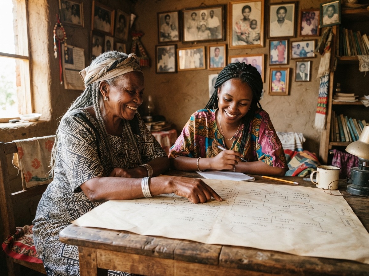 A grandmother and her granddaughter smiling over a large sheet of paper with a hand-drawn family tree, in a home with framed family photographs on the wall