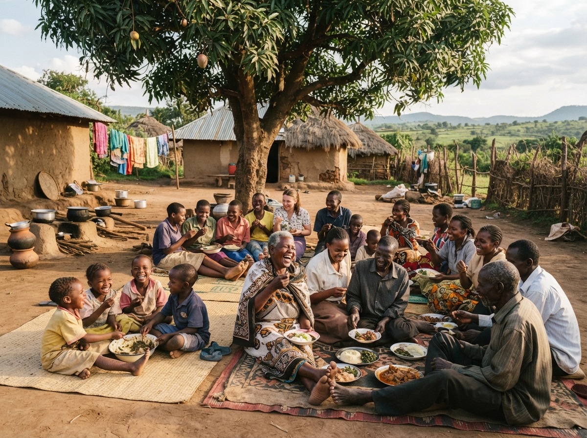 A large Kenyan family of several generations gathered under a tree in a homestead compound, sharing food and laughing together in warm afternoon light