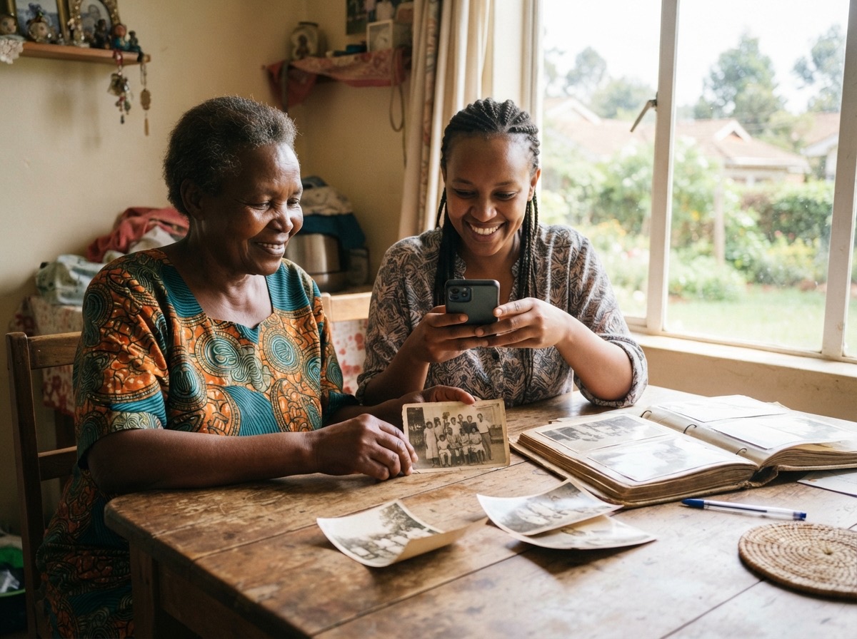 An older woman and her daughter at a wooden table by a window, the daughter photographing an old black and white print with her phone while an open photograph album lies beside them
