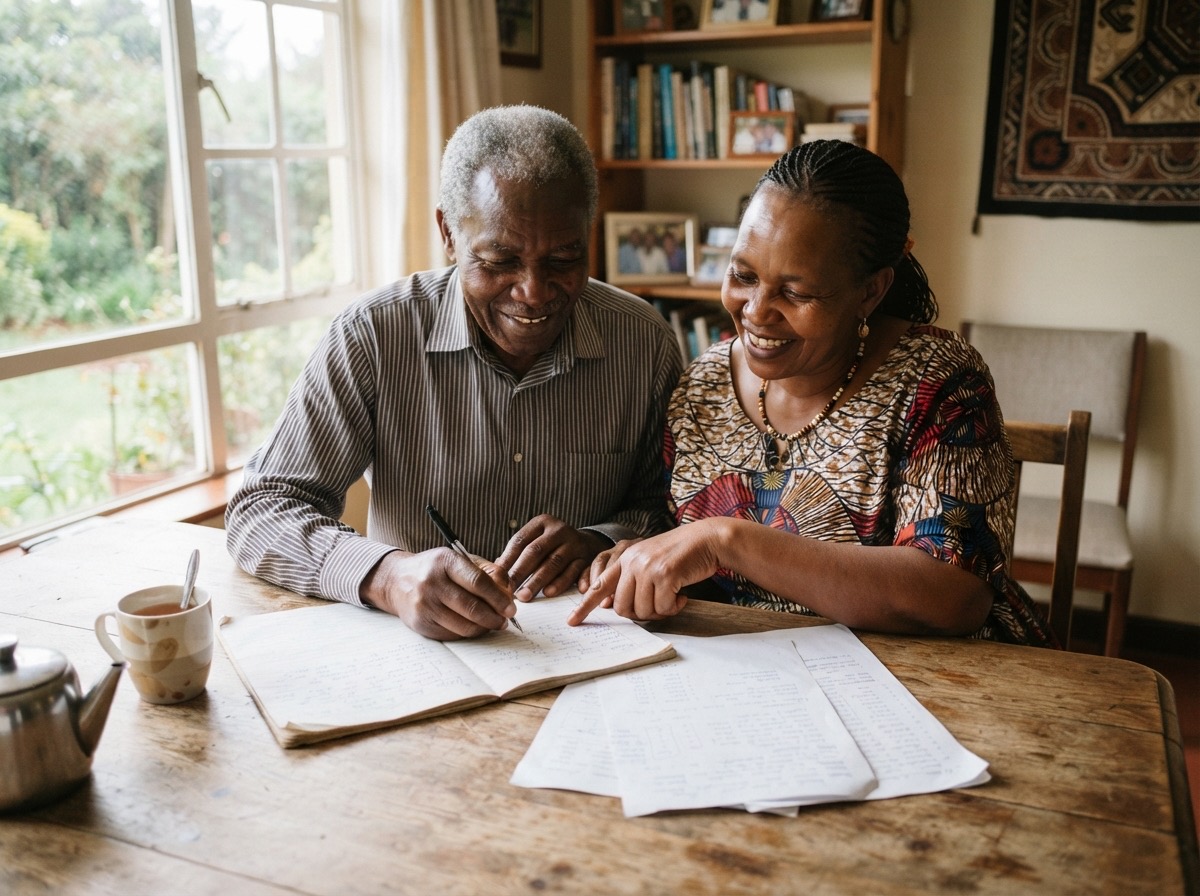 An older man and woman smiling at a wooden table as he writes in a notebook and she points at a page, with loose papers and a cup of tea beside them