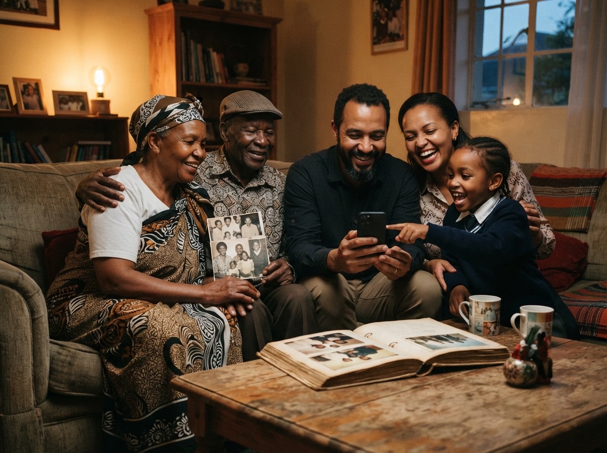 Three generations of a family on a sofa, looking at photographs on a phone together, with an old printed album on the table