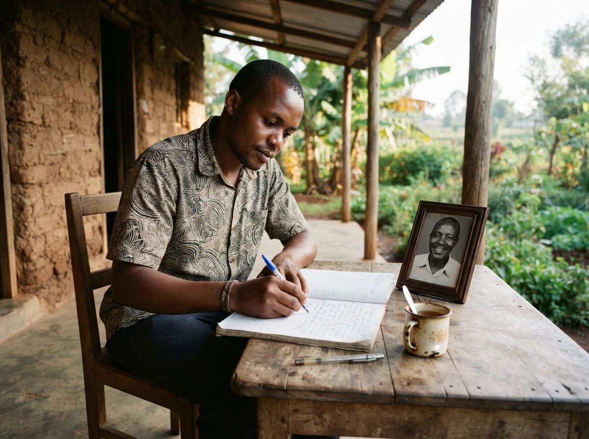A man writing in a notebook at a wooden table on a veranda, beside a framed black and white photograph of an older man and a cup of tea