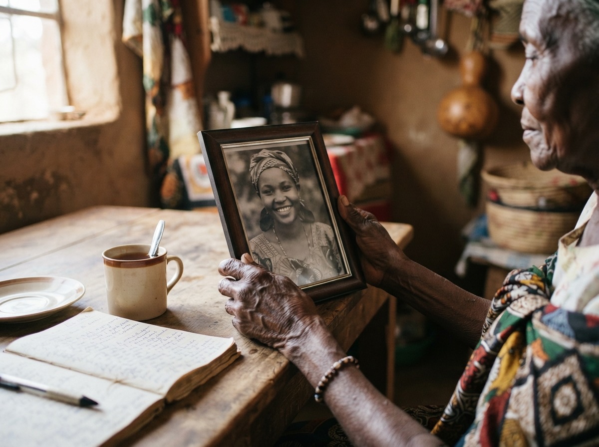 An older woman holding a framed black and white portrait of a smiling woman at a kitchen table, beside a cup of tea and a handwritten page