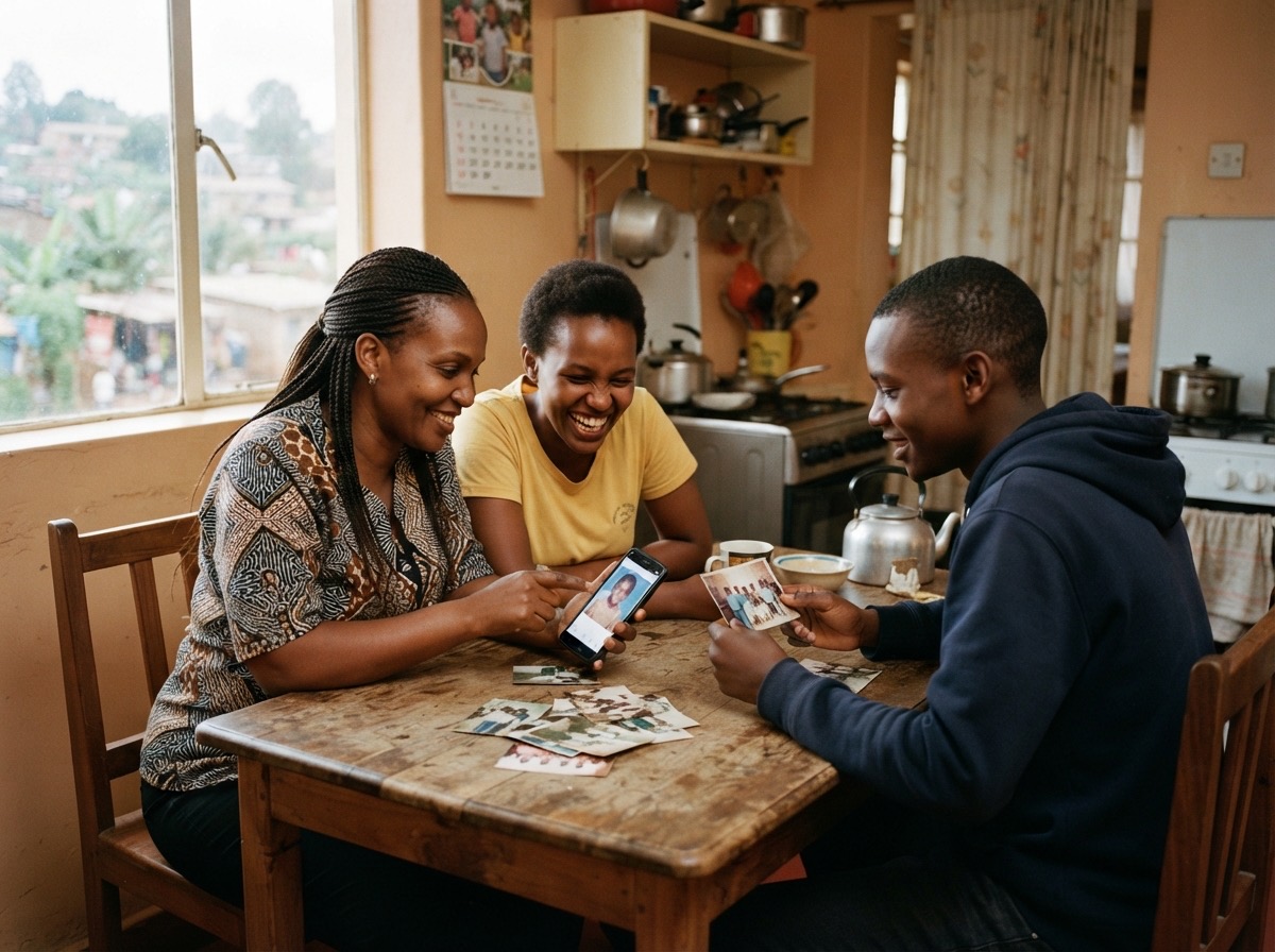 Two sisters and a young man at a kitchen table, laughing over a phone and a few printed family photographs