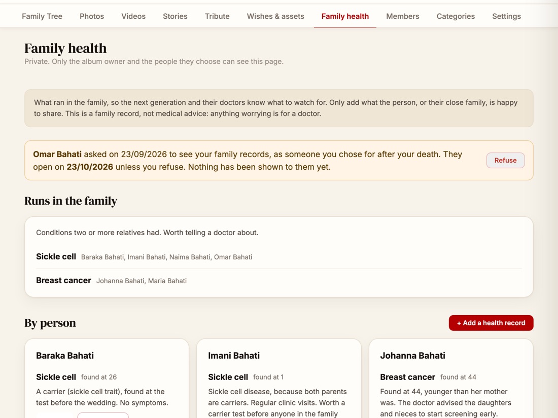 The Family health tab of an album