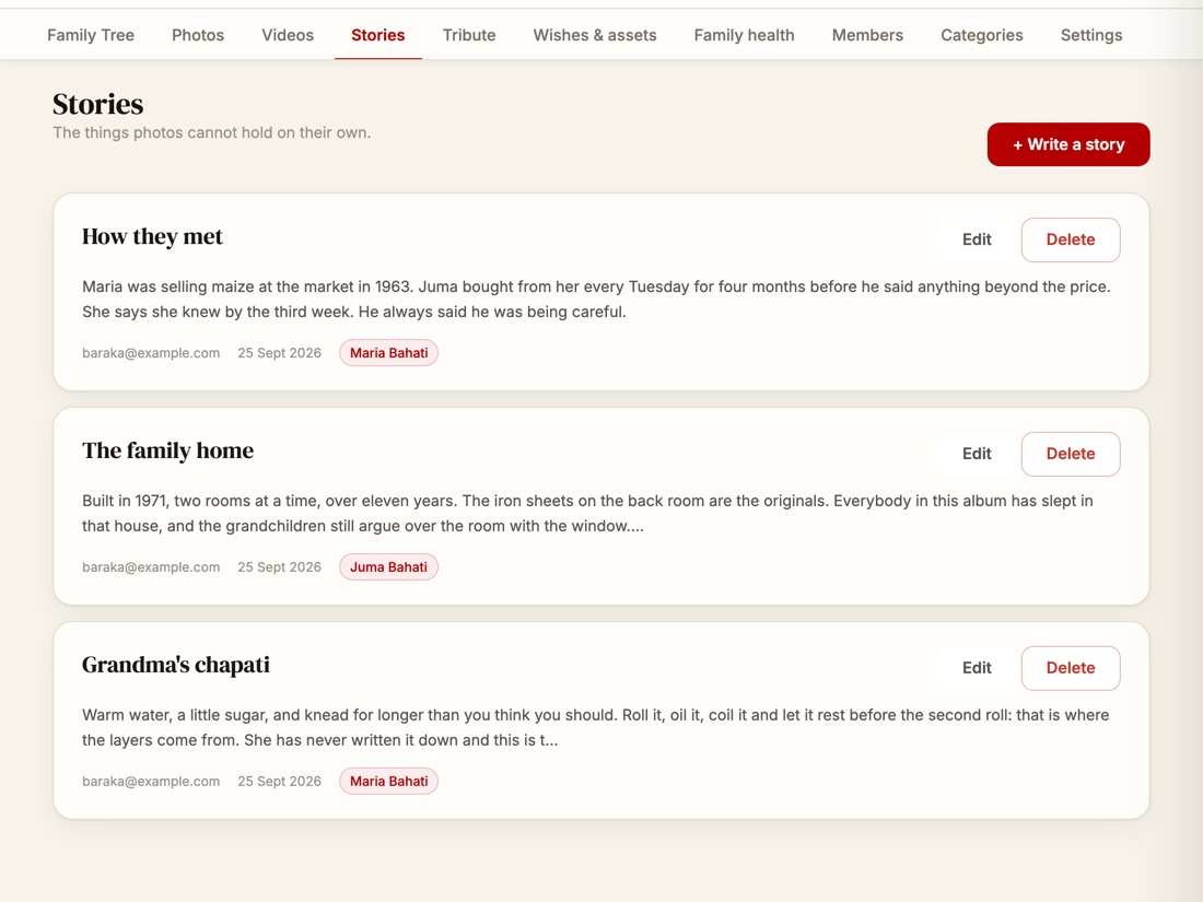 The Stories tab of an album