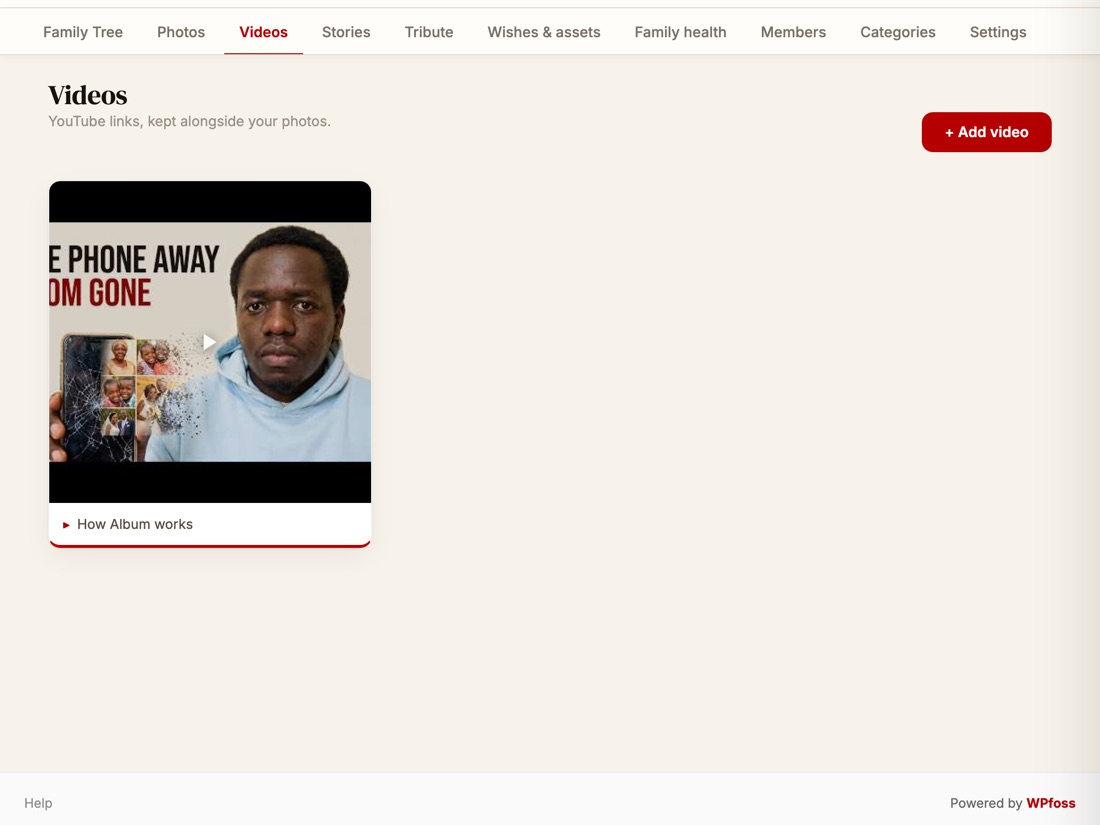 The Videos tab of an album, with a video playing from YouTube